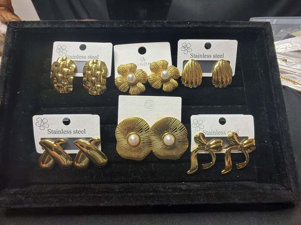 Gold Stainless Steel Pearl Earrings Set